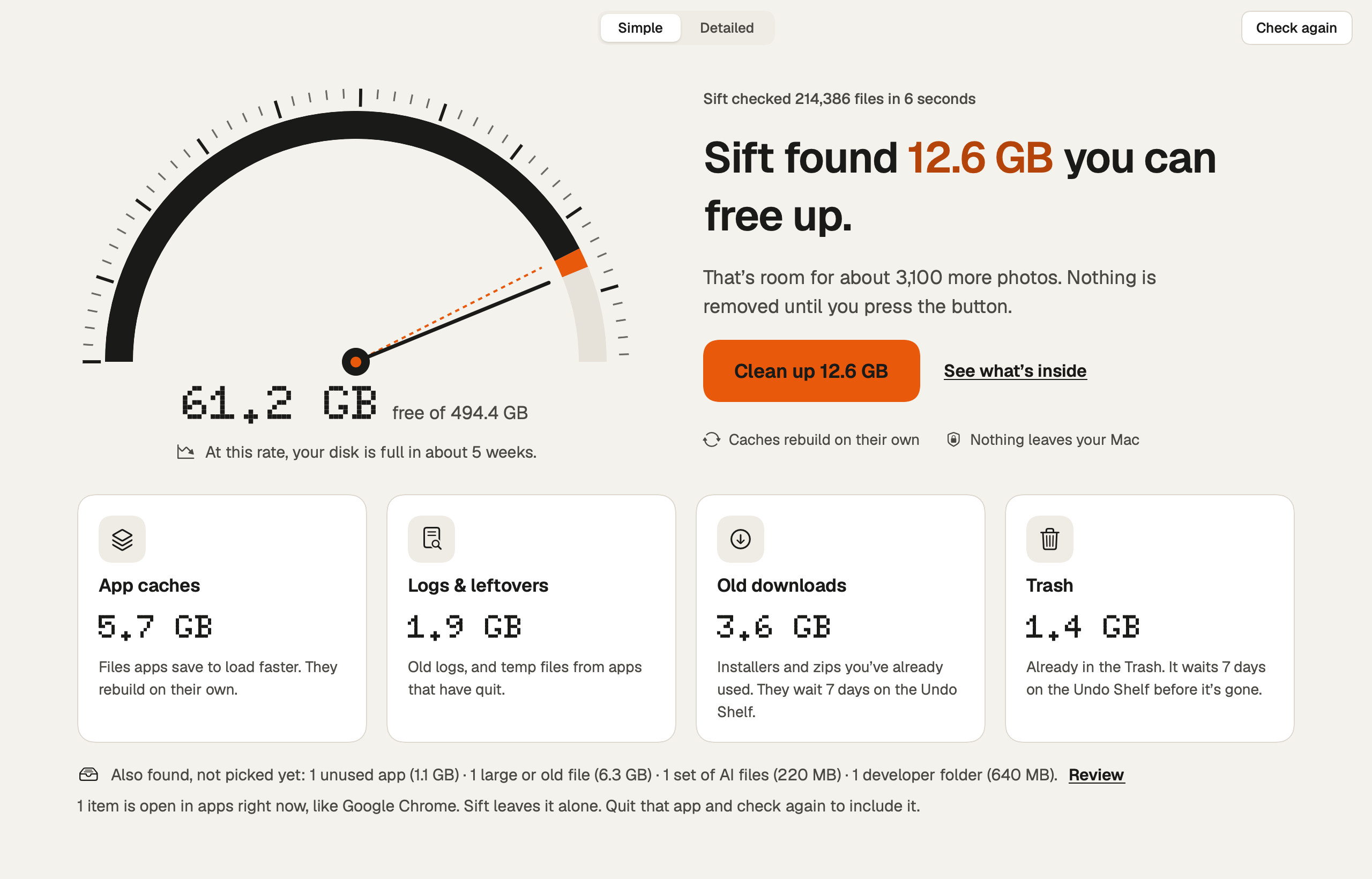Sift in Simple view: one disk dial showing 12.6 GB that can be freed, with a single Clean up button.